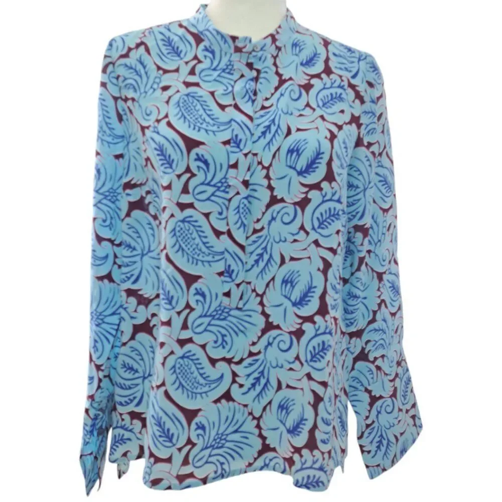 J.Crew Women's Printed Blue Silk Long Sleeves Tunic Top Side Slit Sz Small